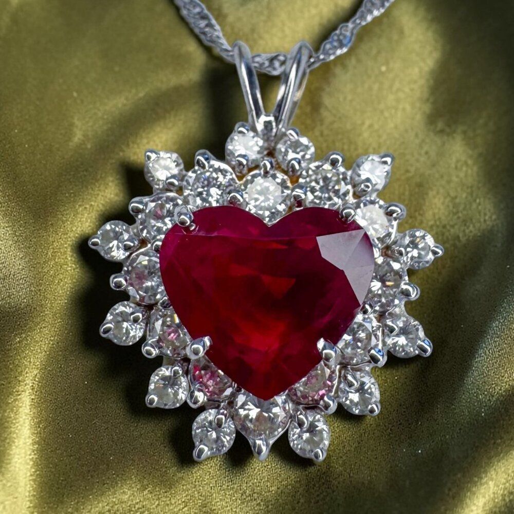 14K White Gold- Natural Ruby & Diamond Necklace -18"- 4.5cttw -Halo Heart -4.9g